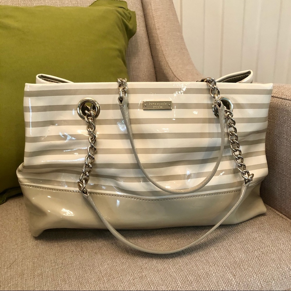 Kate Spade Tan Cream Striped Patent Tote Bag Chain Strap Large
